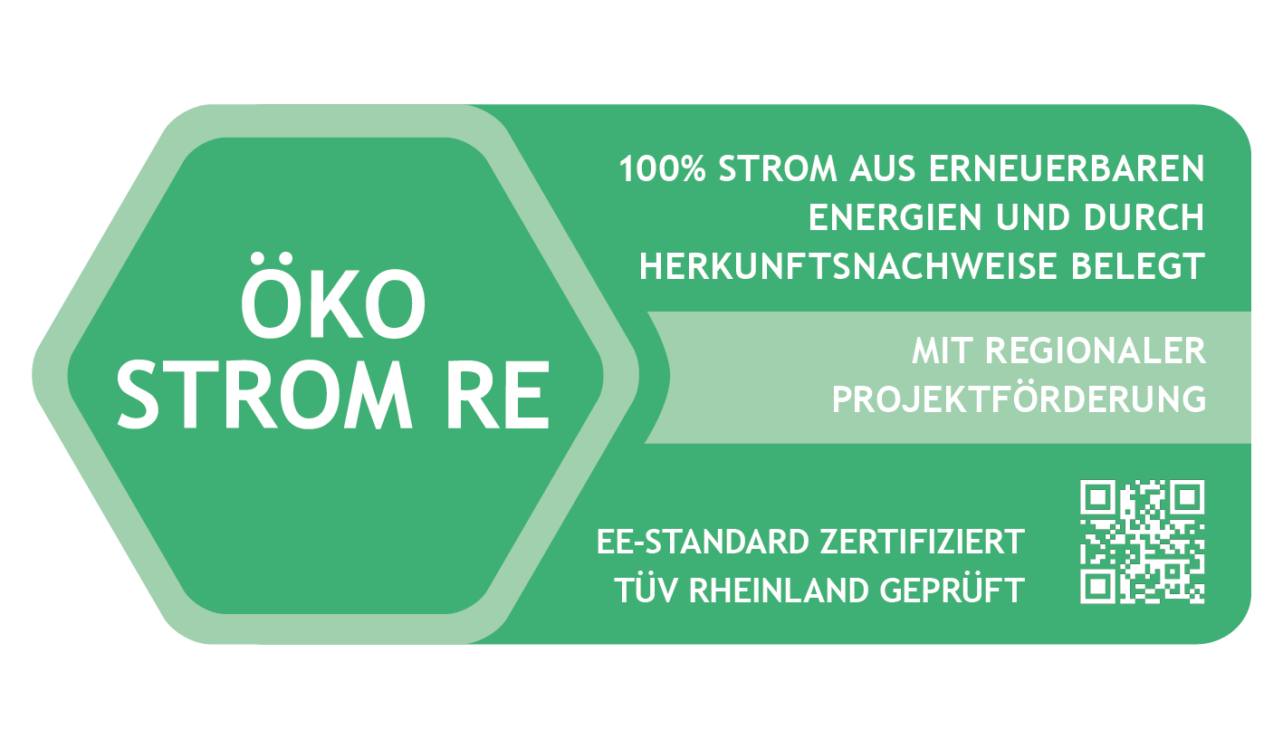Siegel Ökostrom RE: 100% Strom aus erneuerbaren Energien, mit regionaler Projektförderung, EE-Standard zertifiziert und TÜV Rheinland geprüft