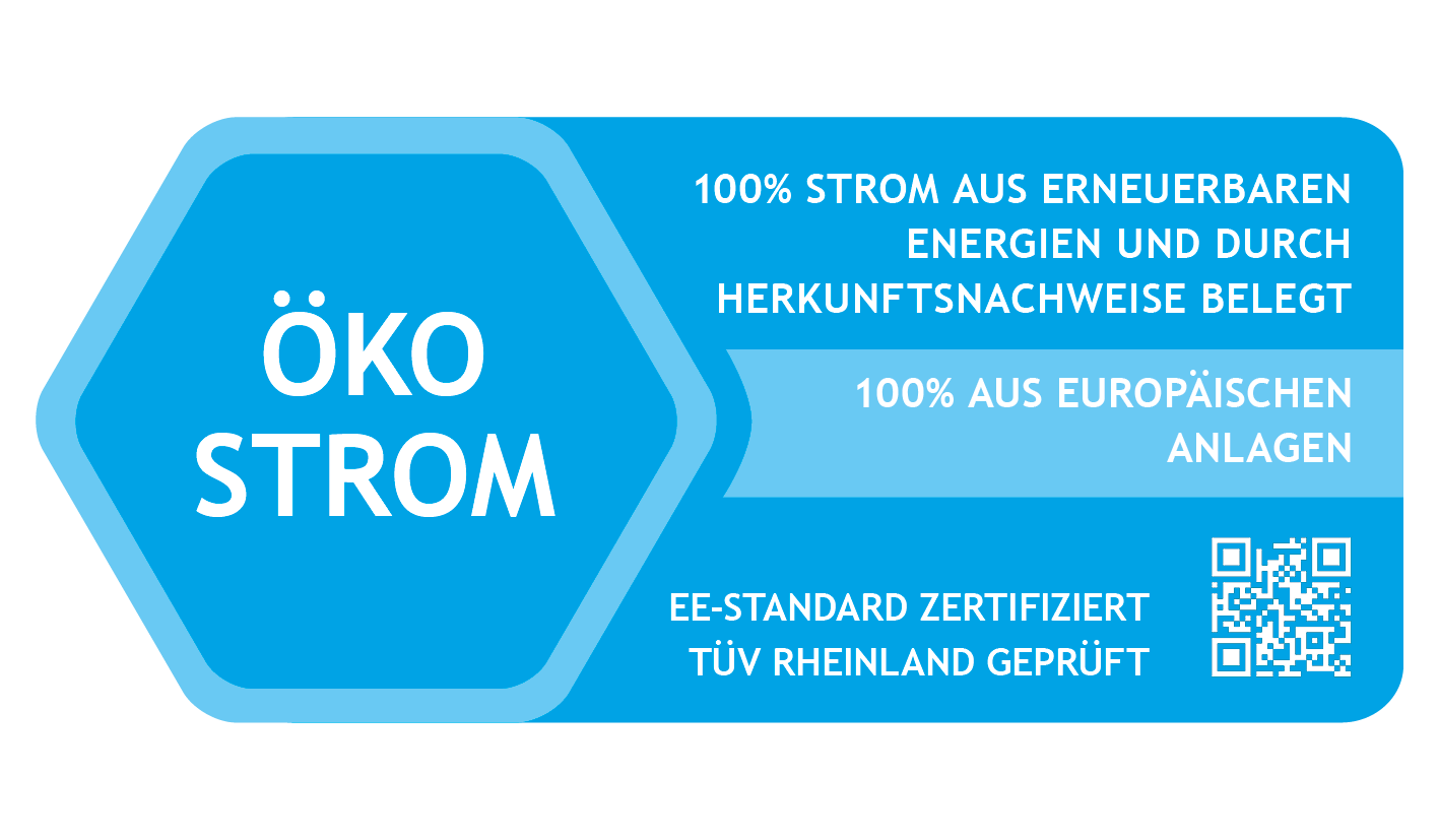 Siegel Ökostrom: 100% Strom aus erneuerbaren Energien aus europäischen Anlagen, EE-Standard zertifiziert und TÜV Rheinland geprüft